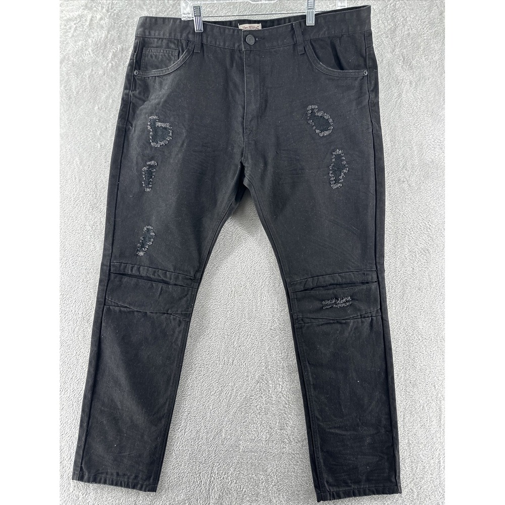 Smoke Rise Jeans Men's 42x32 Moto Distressed Slim Fit Black Straight Tapered